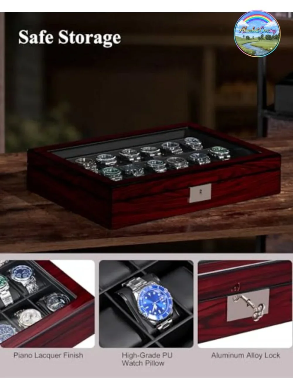 21 Slot Watch Case Box Organizer with Glass Lid Lockable PU Leather